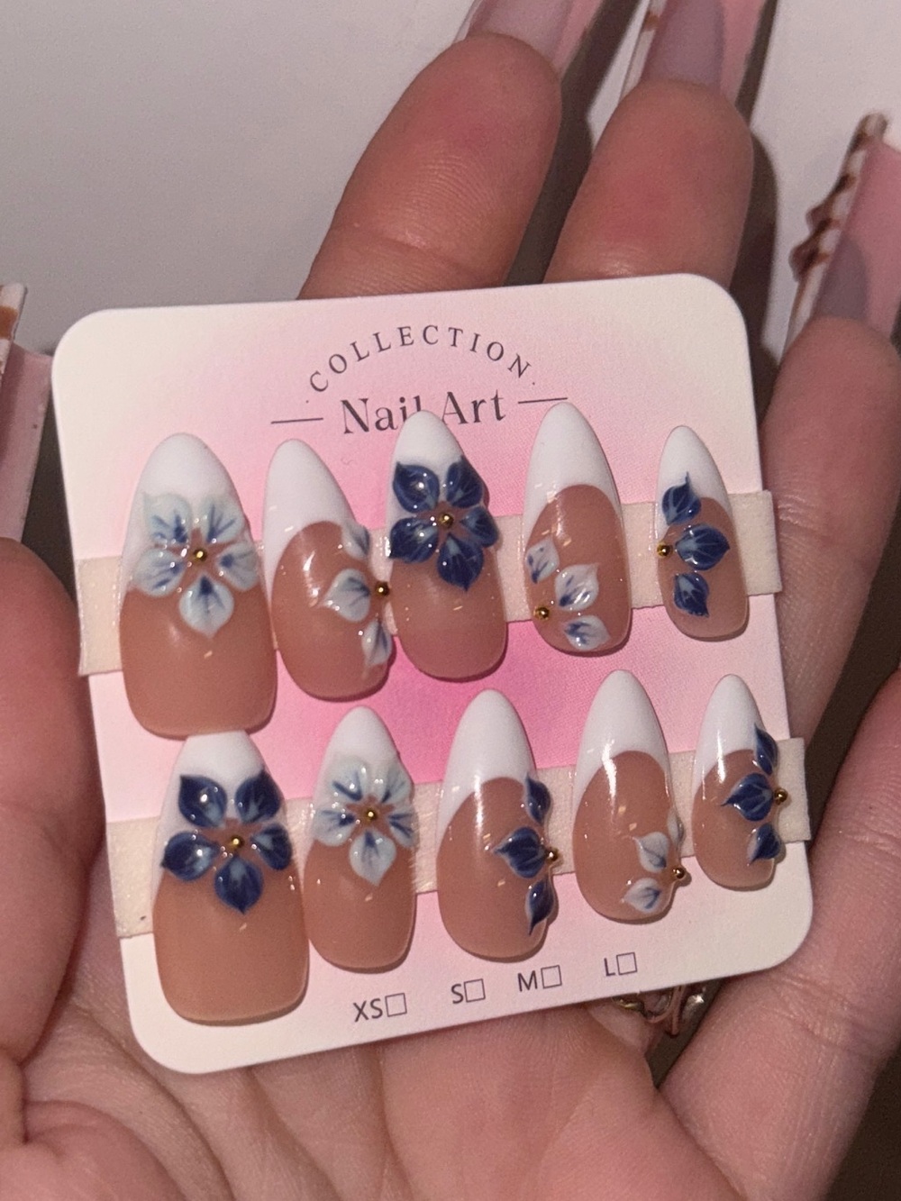 Blue Floral French Press-On Nails - Nude & White